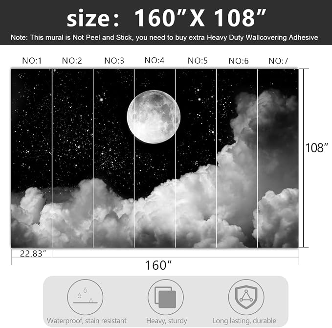 -Gray Galaxy Universe Moon Fabric Wallpaper Ceiling Starry Night White Clouds