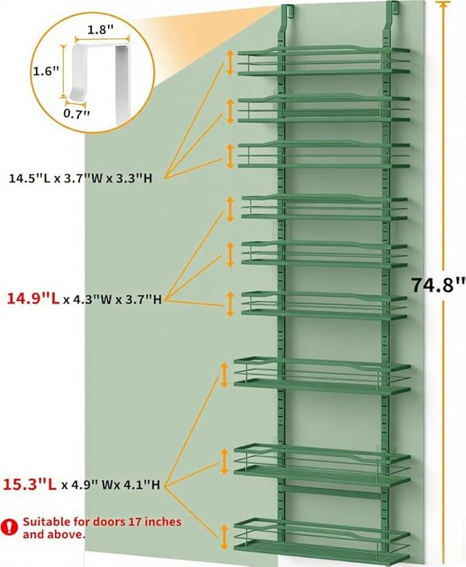 Moforoco Sage Green 9-Tier Over The Door Pantry Organizer, Pantry Organization and Storage, Black Hanging Basket Wall Spice Rack Seasoning Shelves