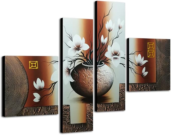 Wieco Art Large Size Decorative Elegant Flowers 4 Panels 100% Hand-painted