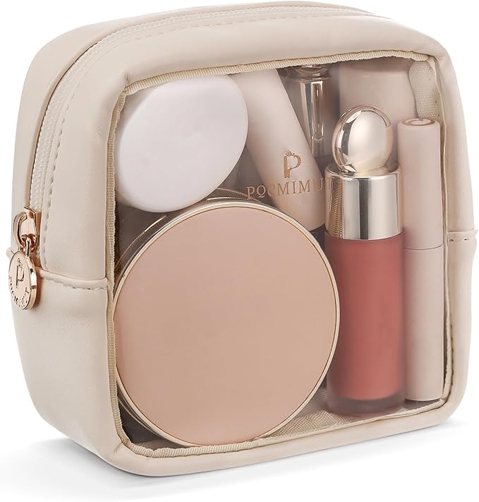 Pocmimut Mini Makeup Bag,Clear Makeup Bag Travel Toiletry Bag Pouch Purse Car Accessories Cute Stuff for Women,Travel Essentials Organizers,Beige