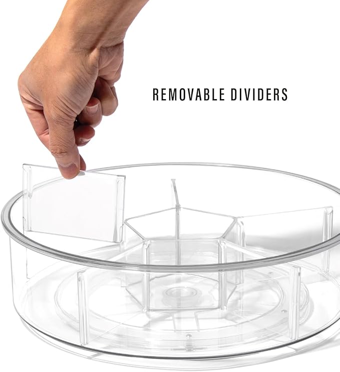 BINO Plastic Round Turntable Organizer with 6 Compartments - Clear | Spinning Divided Turntable Container | Rotating Organizer Storage for Bottle Condiments Fridge Kitchen Counter Pantry Bathroom