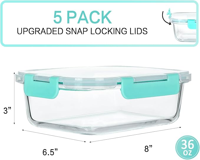 [5-Packs, 36 Oz.] Glass Meal Prep Containers with Locking Lids Glass Food Containers,Airtight Lunch Container,Microwave, Oven, Freezer and Dishwasher (4.5 Cup, Green)
