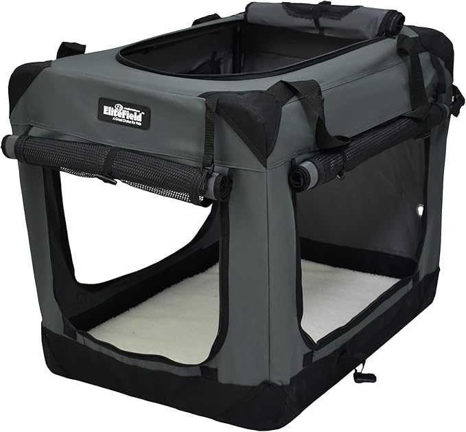 EliteField 4-Door Folding Soft Dog Crate with Curtains, Carrying Bag and Fleece Bed (2 Year Warranty), Indoor & Outdoor Pet Home (30" L x 21" W x 24" H, Gray+4 Door Curtains)