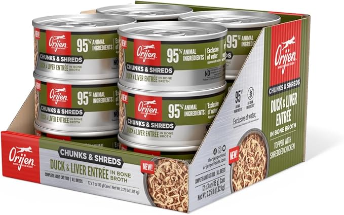 ORIJEN Chunks & Shreds Wet Cat Food Duck & Liver Entrée 3oz Cans (12 Count)