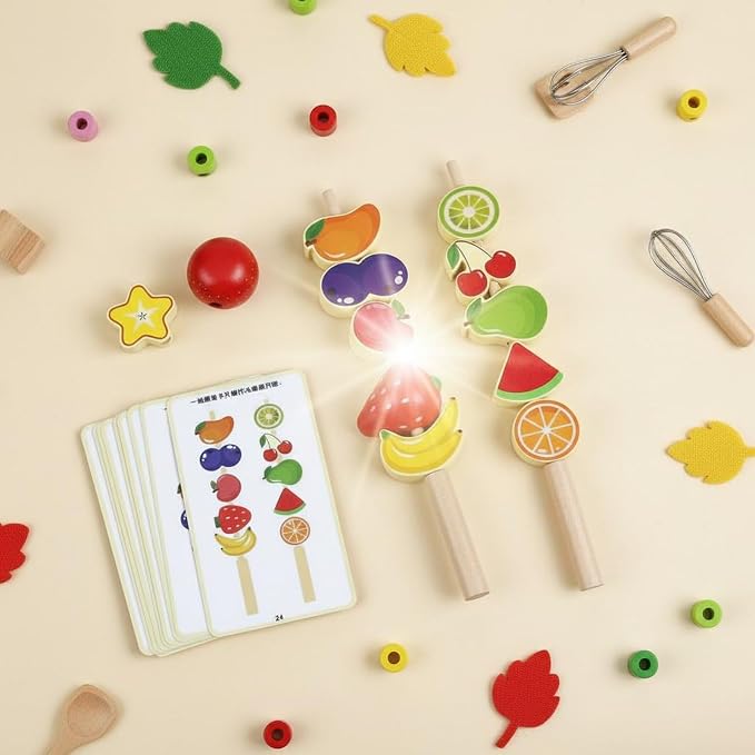 Children Cognitive Game Educational Toy Fruit Skewer Threading Game Stacking Blocks Lacing Beads Wooden Material for Early Learning Fine Motor Skills, BBQ Meat Skewers