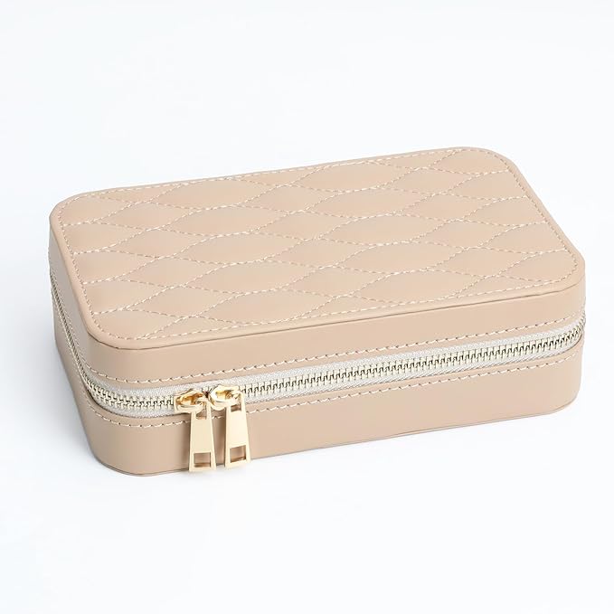 Leather Jewelry Box Women's Travel Jewelry Organizer with Zippered Design Tangle-Free Storage for Necklaces, Earrings, and Bracelets, Luxury Gift Box Apricot