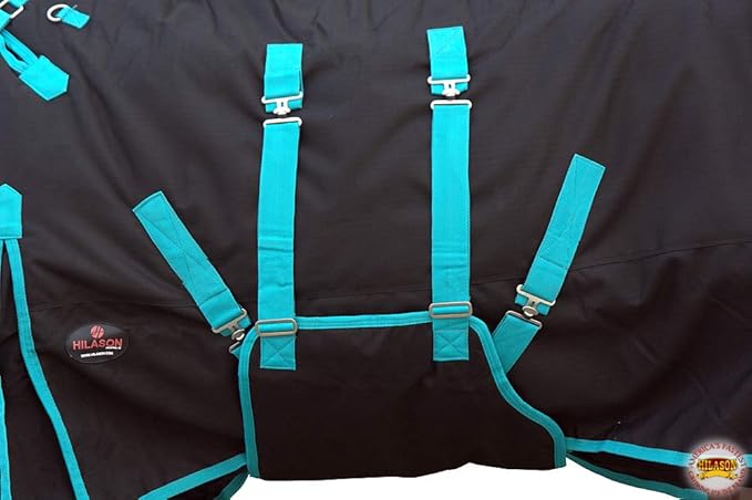 HILASON Black with Turquoise Trims 69 inch 1200D Winter Waterproof Poly Horse Turnout Blanket Belly Wrap