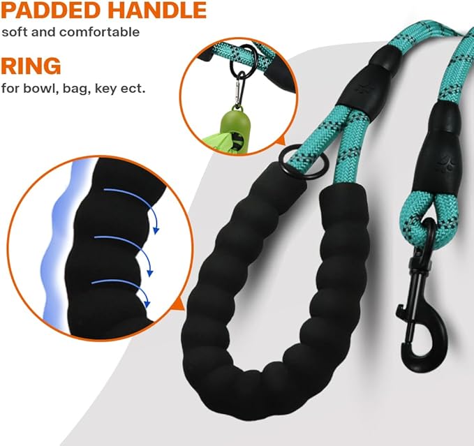Taglory Rope Dog Leash 5 FT with Comfortable Padded Handle, Highly Reflective Threads Leash and Anti-Tangle Clip for Walking Medium Large Dogs, 1/2 inch, Turquoise