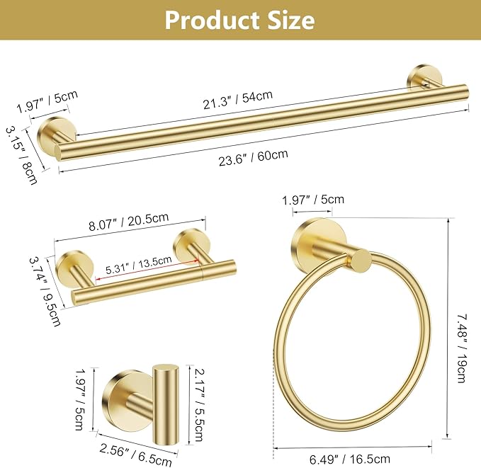 TQKAG Brushed Gold 5 Piece Bathroom Hardware Accessories Set 23.6" SUS304 Stainless Steel Bathroom Towel Bar Holder Sets Double Post Pivoting Toilet Paper Holder Set Wall Mounted