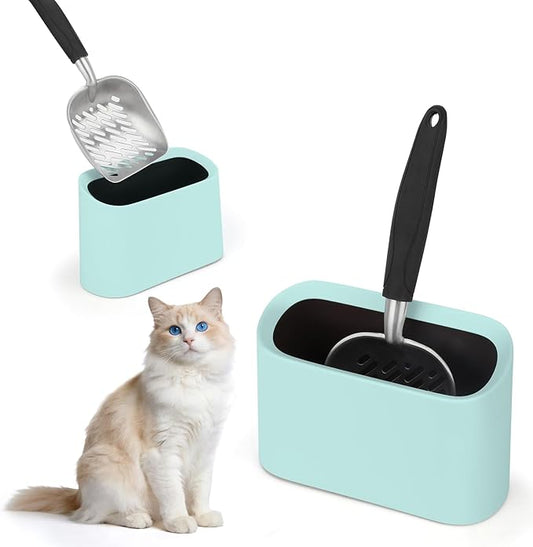 Heavy-Duty Cat Litter Scoop with Holder, Metal Cat Scooper and Detachable Trash Can,Aluminum Kitty Poop Shovel Captures All Clumps,Speed Sifter Litter Box Scooper and Caddy with Lid(Green)