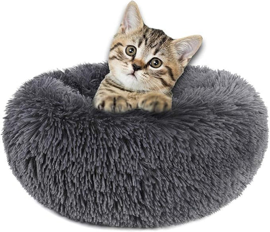 otoez Round Donut Dog Bed for Small Dogs, Washable Cat Calming Bed Cuddler Anti Anxiety Fluffy Plush Dog Cat Bed with Non-Slip Waterproof Bottom (23.6", Dark Grey)