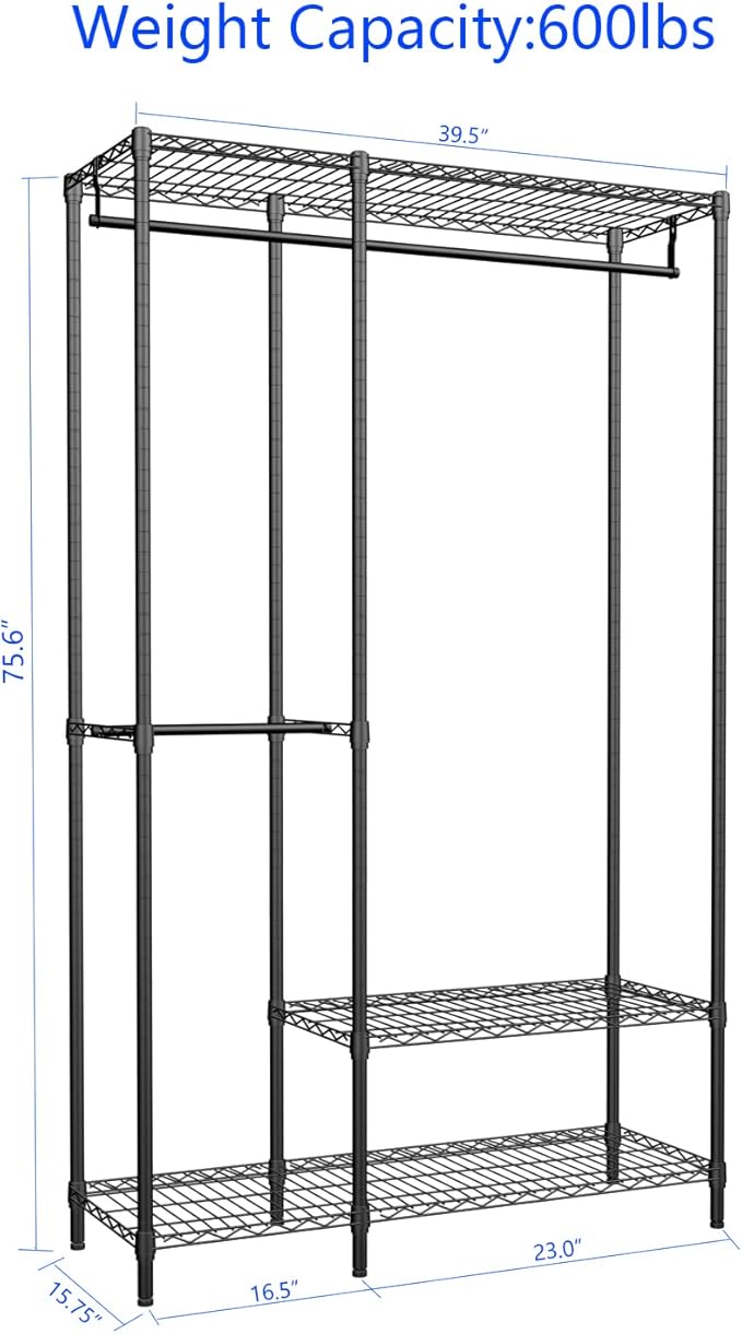 Heavy Duty Garment Rack for Hanging Clothes,Wire Metal Clothing Rack,Adjustable Portable Clothing Rack,Freestanding Open Wardrobe Organizer Rack,39.5"L x 15.75"W x 75.6"H Max Load 600LBS,Black