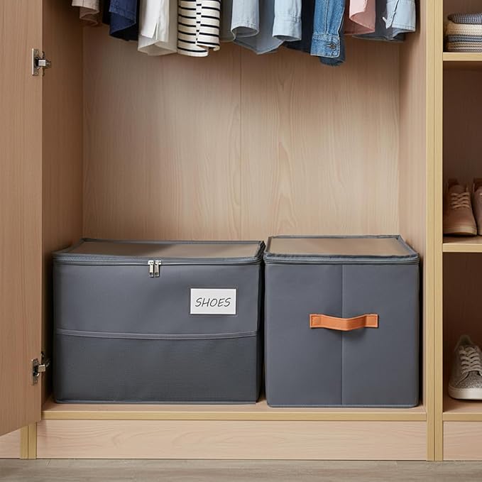 Shoe Organizer for Closet, Foldable Shoe Storage Organizer Containers with Clear Cover, Space Saving Shoes Holder with Handles, Gray (1, Large)