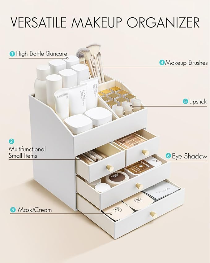 Vlando Makeup Organizer Countertop,Large Vanity Organizer PU Leather Make up Storage with 4 Drawers Skin care Organizer Cosmetic Display Case for Lipstick,Brushes,Bedroom-White