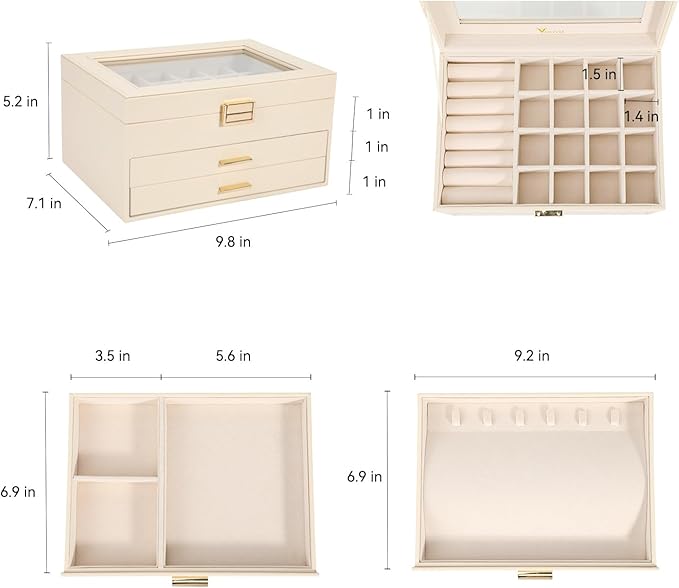 Voova Jewelry Box Organizer for Women Girls, 3 Layer PU Leather Jewelry Storage Case with Glass Lid & 2 Drawers, Large Jewellery Display Holder for Necklaces Rings Earrings Bracelets, Apricot
