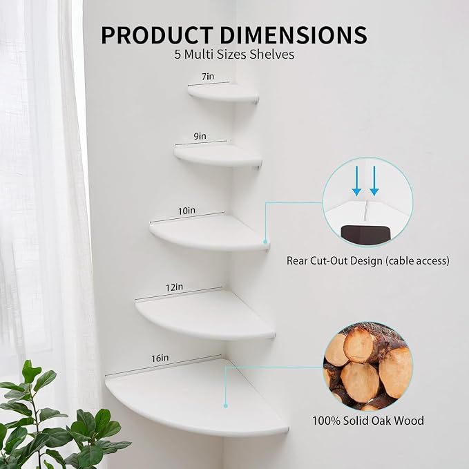 Gieanoo White Corner Wall Shelf 10inch Solid Oak Wood Floating Corner Shelf