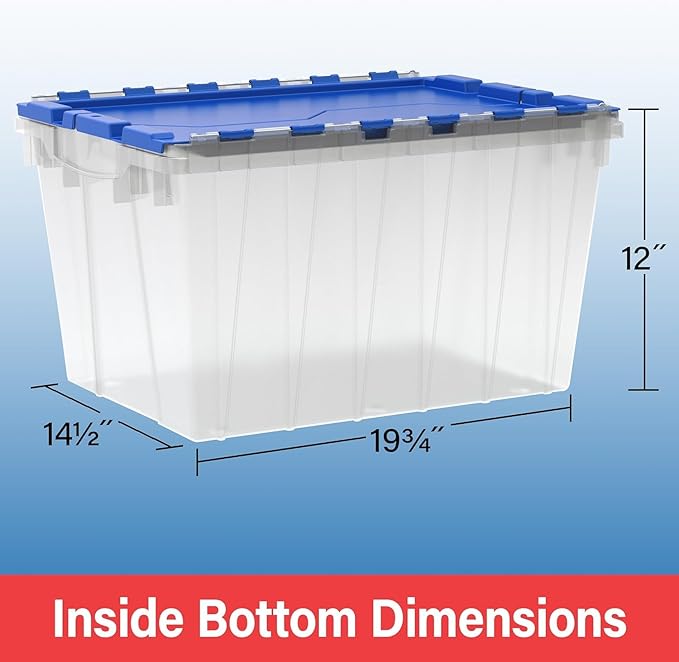 Akro-Mils KeepBox 12 Gallon Storage Container, Nesting and Stackable Plastic Storage Box with Lid Attached, Clear Tote for Garages, Closets, and Moving, 21-1/2" x 15" x 12-1/2", Clear/Blue