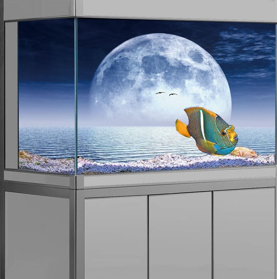 Moon Aquarium Background,Cool Sea Galaxy Parallel Space Themed Fish Tank Background, Cool Terrarium Background 36X20IN with 8 EVA Double-Sided Tape