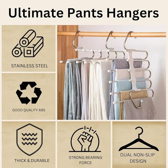 Set of Four - 5-Layer Stainless Steel Metal Pants Hangers | Space-Saving Hanger Rack for Men & Women | Folding Clothes Hangers | Multi-Purpose Organizer for Pants, Scarves, Jeans
