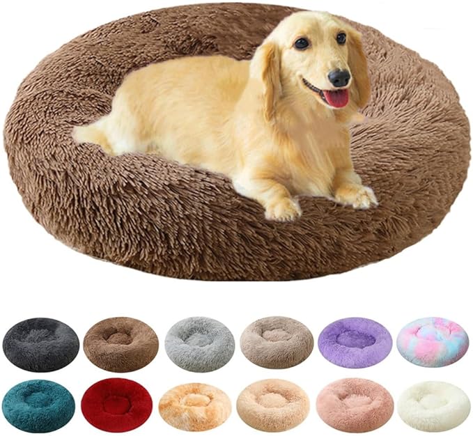 Calming Donut Dog & Cat Bed, 36 Inch Round Fluffy Dog Beds for Small Medium Large Dogs and Cats Anti-Anxiety, Puppy Bed, Washable Round Cozy Soft Pet Bed (Coffee)