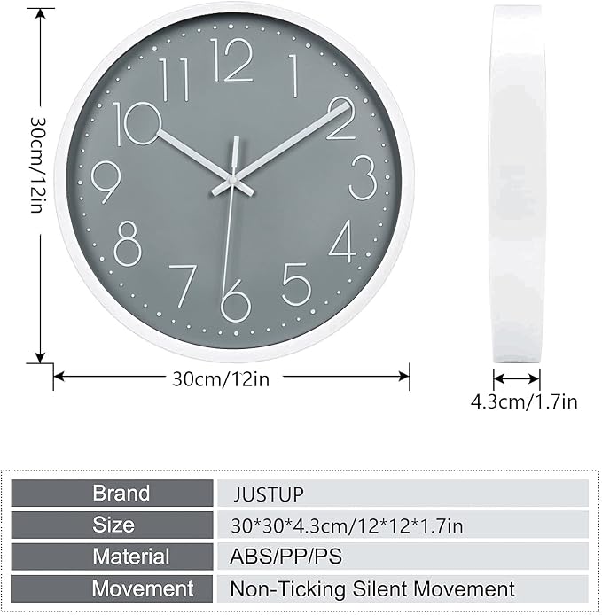 JUSTUP 12in Non-Ticking Wall Clock, Silent Battery Operated Wall Clock