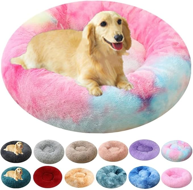 Calming Large Dog Bed Cat Bed, 47 Inch Donut Fluffy Anti-Anxiety Round Bed Washable Cute Bed, Cuddler Warming Cozy Soft Bed, Plush Cushion Bed for Small Medium Dogs and Cats (Rainbow)