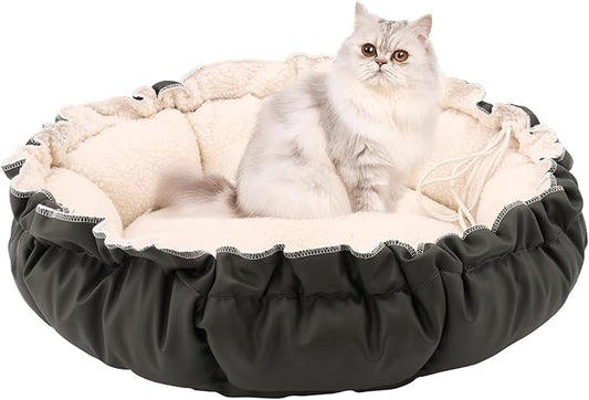All-Season 2-Sided Pet Bed, 20.8 Inch Adjustable Drawstring Cat Bed and Small Dog Bed, Reversible with Cozy Warm Plush Sherpa Side & Cool Anti-Slip Water-Resistant Bottom for Cats and Small Dogs