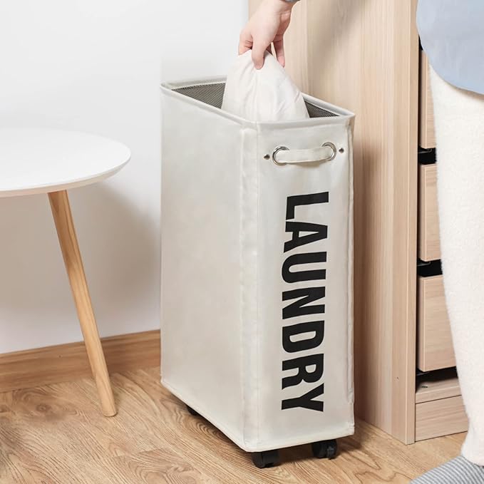 DOKEHOM 25-Inches Slim Laundry Basket on Wheels, Collapsible Rolling Laundry Hamper, Foldable Narrow Corner Clothes Storage Bins (Beige)