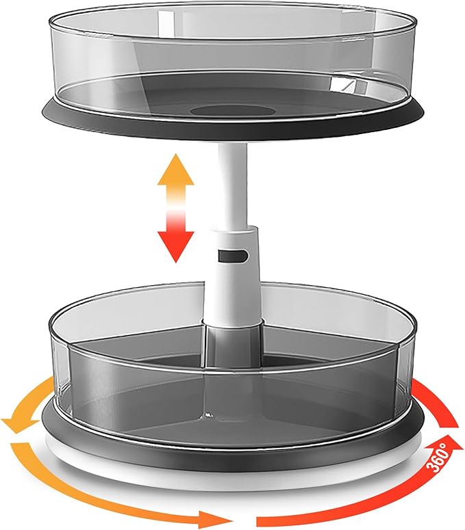2 Tier Lazy Susan Turntable Organizer for Medicine Cabinet Bottle Pantry Countertop with Clear Large Spice Rack 11 Inch Grey