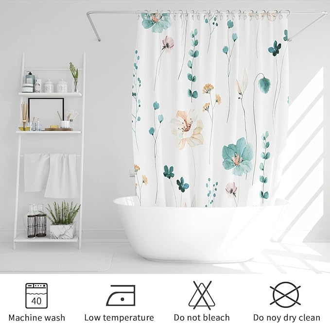 Gibelle Long Shower Curtain 72 x 78, Watercolor Floral Fabric Shower Curtain, Teal Beige Flower Decorative Bathroom Shower Curtain Set with Hooks