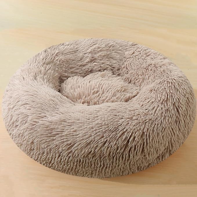 Calming Large Dog Bed & Cat Bed, 43 Inch Anti-Anxiety Donut Dog Cuddler Cat Bed, Warming Cozy Soft Dog Round Bed, Fluffy Faux Fur Machine Washable Pet Cushion for Medium Dogs & Cats (Khaki)