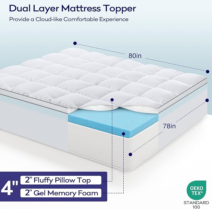 OLANLY Dual-Layer 4 Inch King Size Memory Foam Mattress Topper for Back Pain, 2 Inch Cooling Pillow Top Mattress Pad Cover and 2 Inch Gel Memory Foam Topper, Deep Elastic Pocket, White