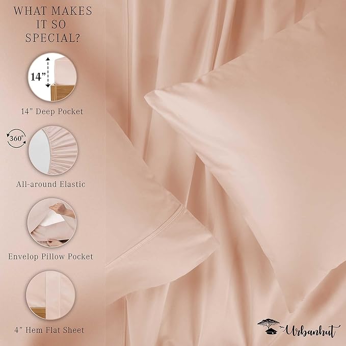 URBANHUT Egyptian Cotton Twin Sheets, 4Pc Set - Soft Luxury Sateen Weave Hotel Sheets, 14'' Deep Pocket - Blush