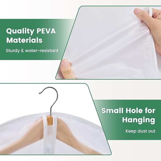 Translucent Garment Bag - 15 Packs Garment Bags for Hanging Clothes Dress Bag Suit Bags for Closet Storage Travel - 24" x 40"/47"/55"