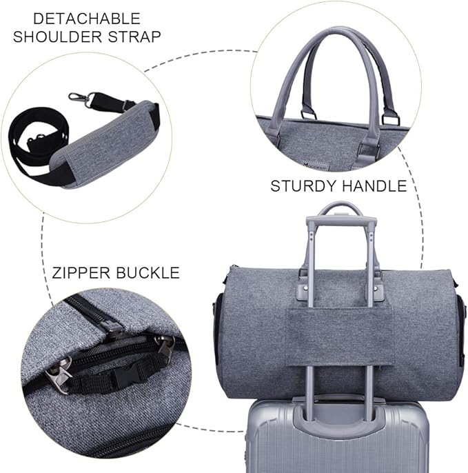 Modoker Convertible Garment Bag with Toiletry Bag, Carry On Garment Duffel Bag for Men Women Travel, Multi-Function Suit Bag 2 in 1 Hanging Suitcase, Grey
