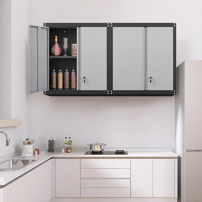 GREATMEET Lockable Storage Cabinet, Metal Garage Storage Cabinets, Metal Wall