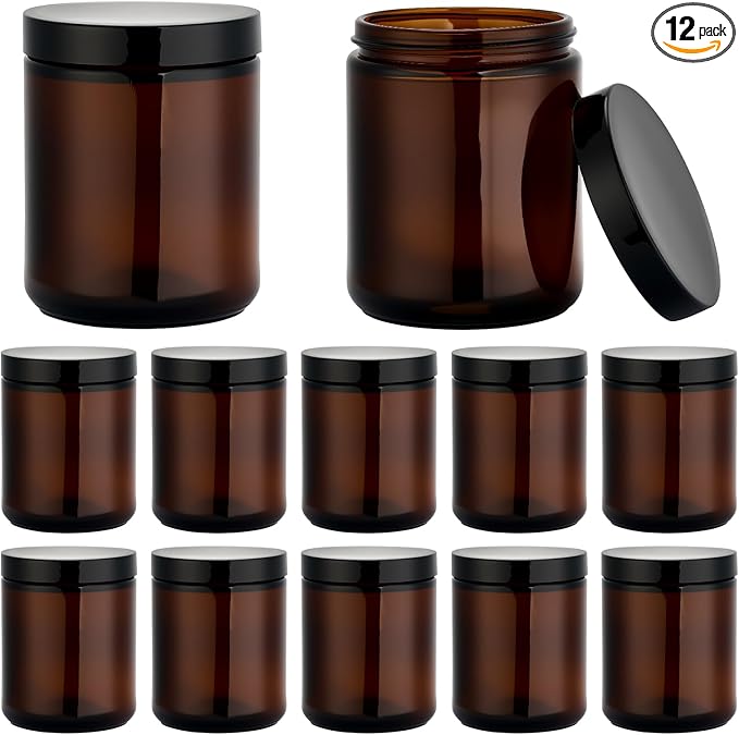 Hoa Kinh 8oz Amber Glass Jars with Lids - 12Pack Empty Airtight Storage Containers for Candle Making, Cosmetic, Spices, Crafts, Food - Refillable, UV Protection, Black Plastic Lid
