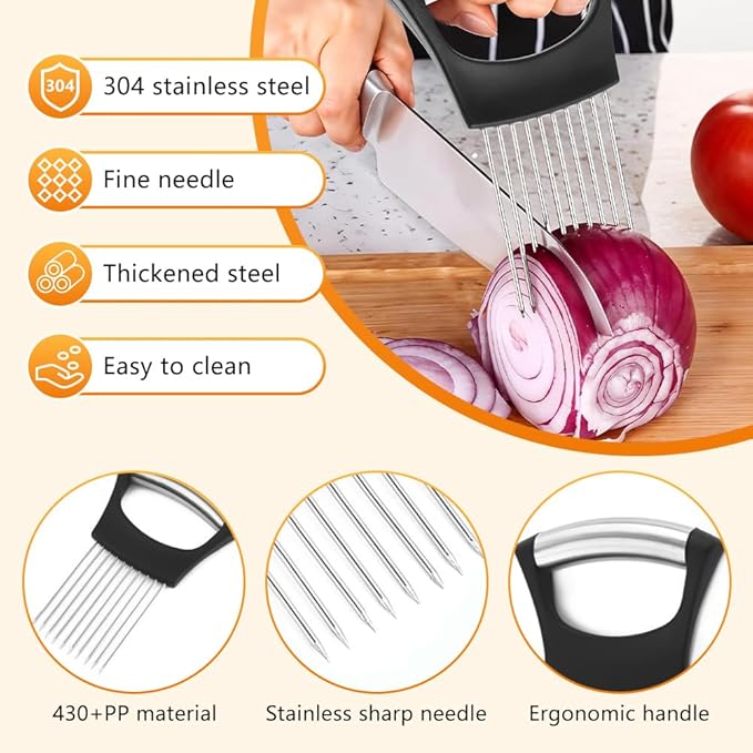 Onion Holder for Slicing, Stainless Steel Onion Slice Holder, Lemon Slicer Vegetable Cutter, Chopper Slicing Assistant for Meat, Onion, Potato, Tomato - Kitchen Tool (3 Piece)