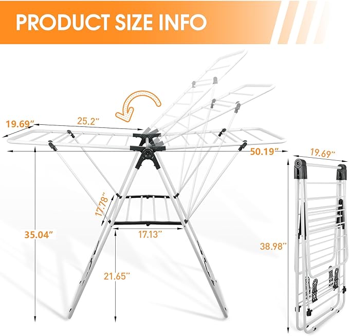 Clothes Drying Rack Foldable, Metal Laundry Drying Rack, with Height-Adjustable Wings, Space Saving, Indoor Outdoor Use, White Free-Standing Airer
