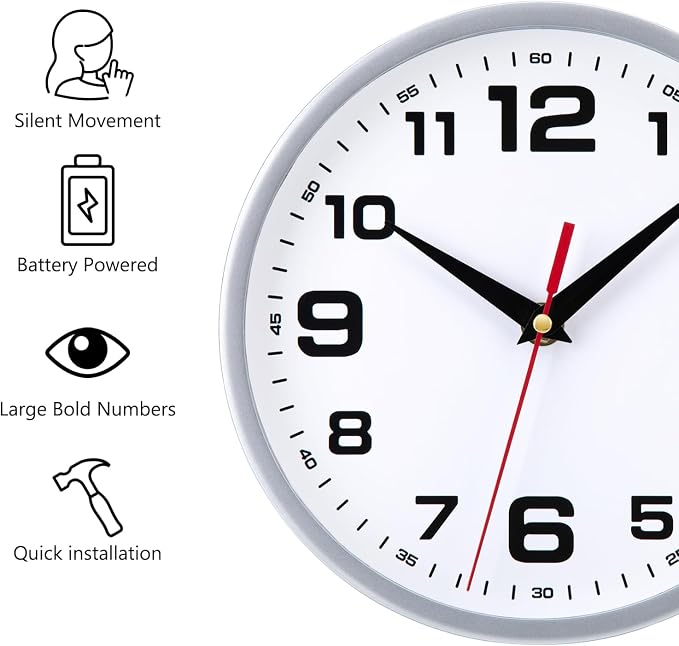 Wall Clock Silent Non-Ticking 8 Inch Modern Clocks Battery Operated Small