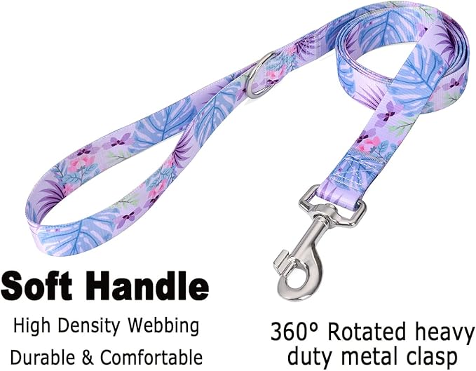 Dog Collar and Leash Set with Bohemia Floral Tribal Geometric Patterns - Soft Ethnic Style Collar Adjustable for Small Medium Large Dogs(Purple Flower Flower Set,XS)