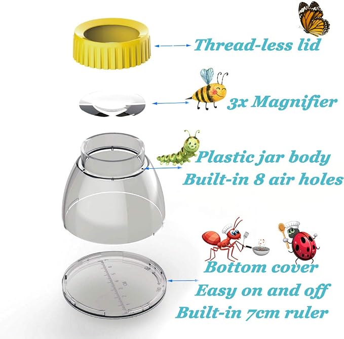 Bug Viewer for Kids 3X Magnifying Insect Observation Kit Built-in 7cm Ruler with 2 Slant Tweezers Bug Jar Catcher Cage for Kids Science Nature Exploration (2Pack Yellow)