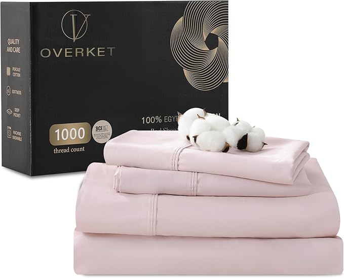 100% Egyptian Cotton Sheets Cal King Sheet Set 1000 Thread Count Sateen Weave Soft Breathable 16-Inch Deep Pocket 4PCS（California King,Light Pink）