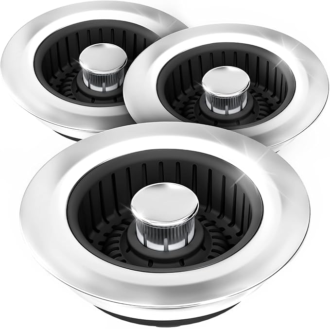 Kitchen Sink Drain Strainer - 3Pack Sink Stopper, Drain Protector, Kitchen Drain Plug & Sink Installation Parts with Anti-Clogging Basket, Fit US Standard 3-1/2'' Sink Drain Hole, Black