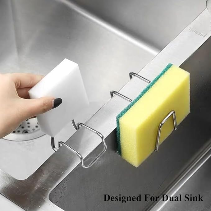 4 Pcs Sponge Holder for Kitchen Sink Movable Hanging Sponge Caddy Organizer Stainless Steel Multipurpose Double Bowl Sink for Brush Quick Drying Dish Sponge Holde