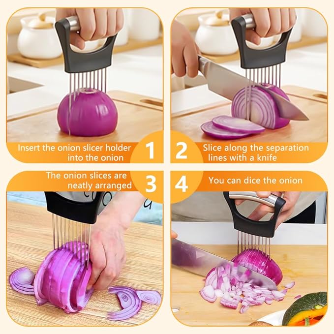 Onion Holder for Slicing, Stainless Steel Onion Slice Holder, Lemon Slicer Vegetable Cutter, Chopper Slicing Assistant for Meat, Onion, Potato, Tomato - Kitchen Tool (3 Piece)