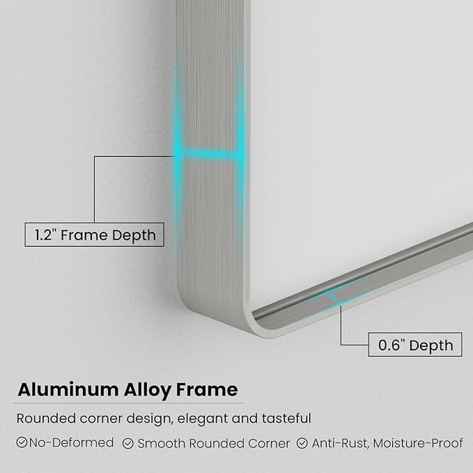 Brushed Nickel Bathroom Mirror 48x36 Inch, Brushed Silver Metal Frame Mirror Wall Mounted, Rounded Rectangle Bathroom Vanity Mirror, Tempered Glass, Anti-Rust, Horizontal/Vertical