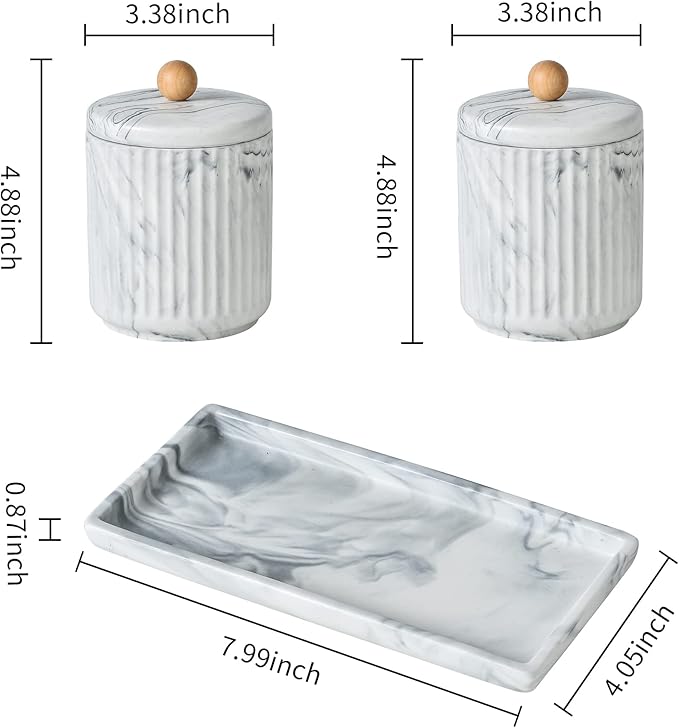 Marble Small Bathroom Jar Set ，Ceramic Cotton Swabs Holder with Lid and Dresser Organizer Set Tray for Storage and Organizing in Bathroom, Dresser, Kitchen, Office