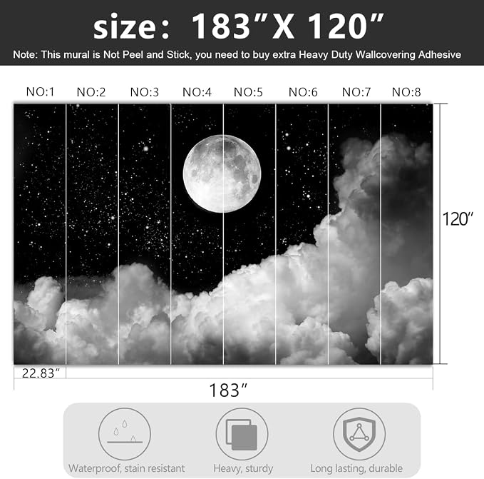 -Gray Galaxy Universe Moon Fabric Wallpaper Ceiling Starry Night White Clouds