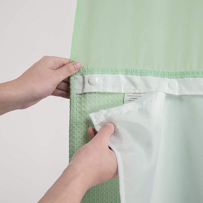 River Dream Heavyweight No Hooks Required Dotted Waffle Weave Shower Curtain with Snap in Liner - 71W x 74H,Hotel Grade,Spa Like Bath Curtain,Green Light